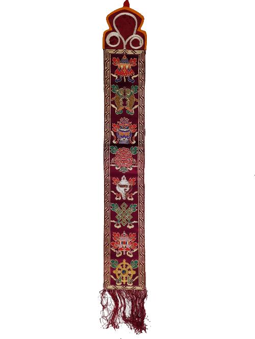 Tibetan Cochin Brocade Wall Hanging With Embroidered Ashtamangala, Color 