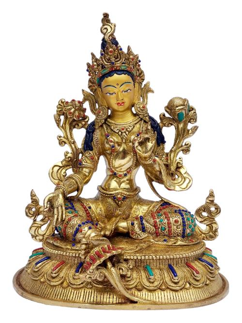 [green Tara], Buddhist Handmade Statue, [full Gold Plated], [painted Face], [stone Setting]