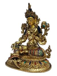 [green Tara], Buddhist Handmade Statue, [full Gold Plated], [painted Face], [stone Setting]