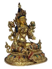 [green Tara], Buddhist Handmade Statue, [full Gold Plated], [painted Face], [stone Setting]