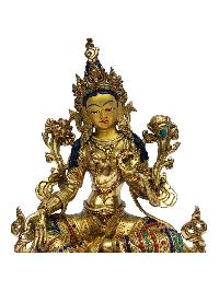 [green Tara], Buddhist Handmade Statue, [full Gold Plated], [painted Face], [stone Setting]