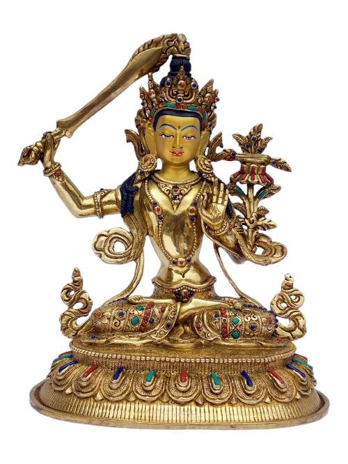 [manjushri], Buddhist Handmade Statue, [full Gold Plated], [painted Face], [stone Setting]