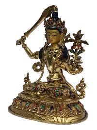 [manjushri], Buddhist Handmade Statue, [full Gold Plated], [painted Face], [stone Setting]