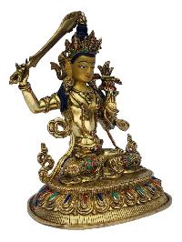 [manjushri], Buddhist Handmade Statue, [full Gold Plated], [painted Face], [stone Setting]