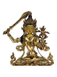 [manjushri], Buddhist Handmade Statue, [full Gold Plated], [painted Face], [stone Setting]