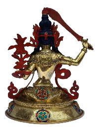 [manjushri], Buddhist Handmade Statue, [full Gold Plated], [painted Face], [stone Setting]