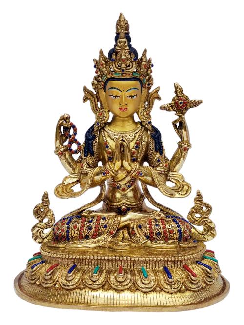 [chenrezig], Buddhist Handmade Statue, [full Gold Plated], [painted Face], [stone Setting]