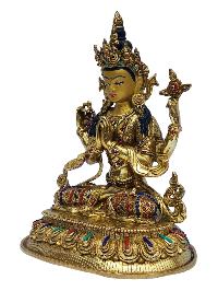 [chenrezig], Buddhist Handmade Statue, [full Gold Plated], [painted Face], [stone Setting]