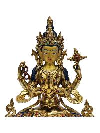 [chenrezig], Buddhist Handmade Statue, [full Gold Plated], [painted Face], [stone Setting]