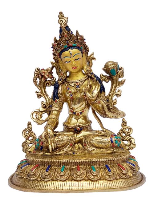 [white Tara], Buddhist Handmade Statue, [full Gold Plated], [painted Face], [stone Setting]