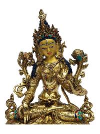 [white Tara], Buddhist Handmade Statue, [full Gold Plated], [painted Face], [stone Setting]