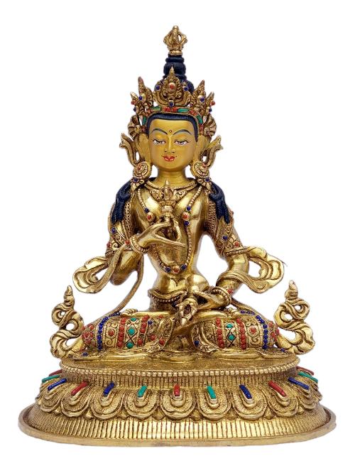 [vajrasattva], Buddhist Handmade Statue, [full Gold Plated], [painted Face], [stone Setting]