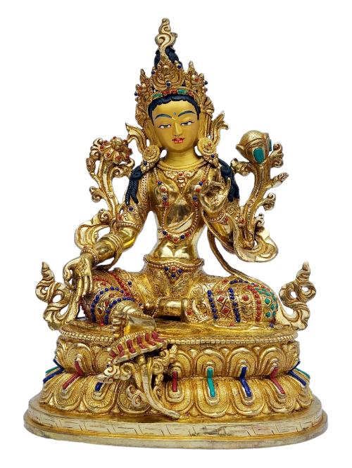 [green Tara], Buddhist Handmade Statue, [full Gold Plated], [painted Face], [stone Setting]