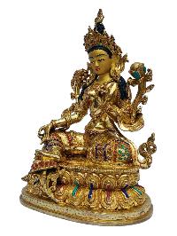 [green Tara], Buddhist Handmade Statue, [full Gold Plated], [painted Face], [stone Setting]