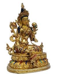 [green Tara], Buddhist Handmade Statue, [full Gold Plated], [painted Face], [stone Setting]