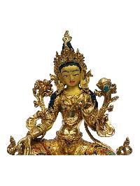 [green Tara], Buddhist Handmade Statue, [full Gold Plated], [painted Face], [stone Setting]