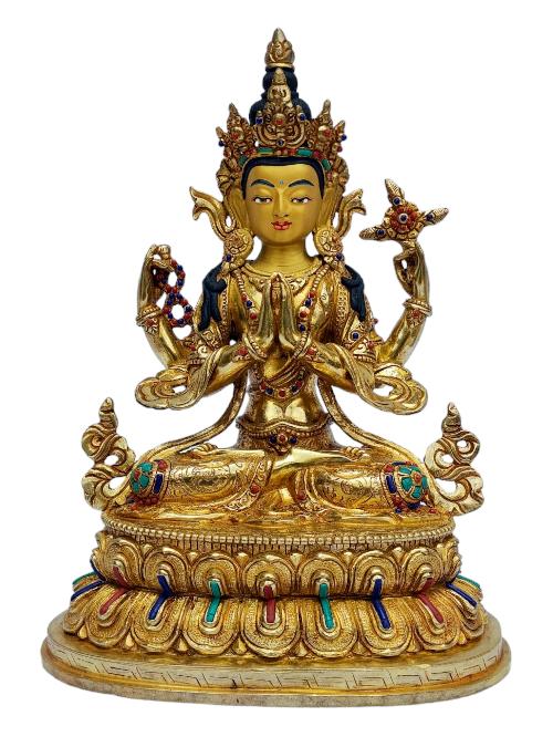 [chenrezig], Buddhist Handmade Statue, [full Gold Plated], [painted Face], [stone Setting]