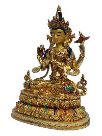 [chenrezig], Buddhist Handmade Statue, [full Gold Plated], [painted Face], [stone Setting]