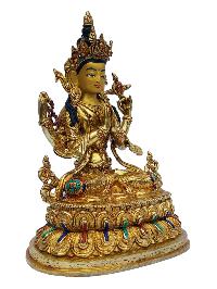 [chenrezig], Buddhist Handmade Statue, [full Gold Plated], [painted Face], [stone Setting]