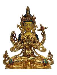 [chenrezig], Buddhist Handmade Statue, [full Gold Plated], [painted Face], [stone Setting]