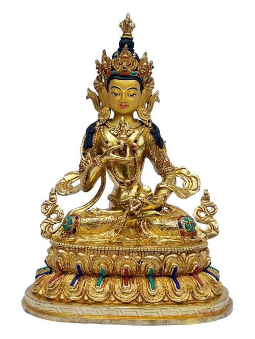 [vajrasattva], Buddhist Handmade Statue, [full Gold Plated], [painted Face], [stone Setting]