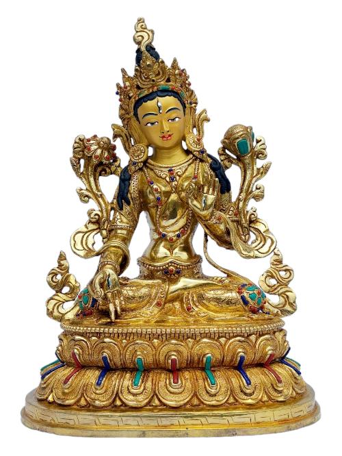 [white Tara], Buddhist Handmade Statue, [full Gold Plated], [painted Face], [stone Setting]