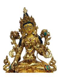 [white Tara], Buddhist Handmade Statue, [full Gold Plated], [painted Face], [stone Setting]