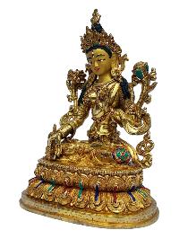 [white Tara], Buddhist Handmade Statue, [full Gold Plated], [painted Face], [stone Setting]