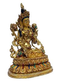 [white Tara], Buddhist Handmade Statue, [full Gold Plated], [painted Face], [stone Setting]