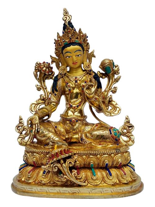 [green Tara], Buddhist Handmade Statue, [full Gold Plated], [painted Face], [stone Setting]