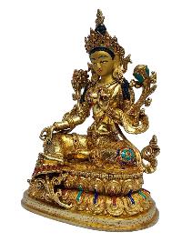 [green Tara], Buddhist Handmade Statue, [full Gold Plated], [painted Face], [stone Setting]