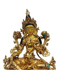 [green Tara], Buddhist Handmade Statue, [full Gold Plated], [painted Face], [stone Setting]