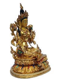 [green Tara], Buddhist Handmade Statue, [full Gold Plated], [painted Face], [stone Setting]