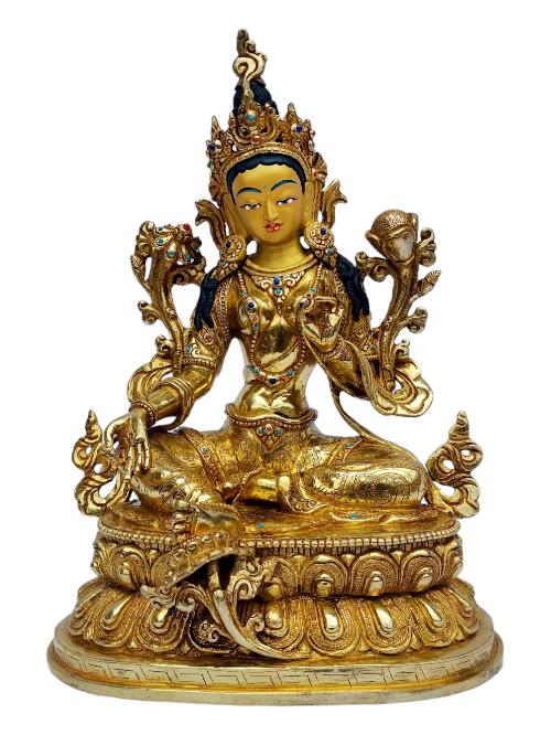 [green Tara], Buddhist Handmade Statue, [full Gold Plated], [painted Face]