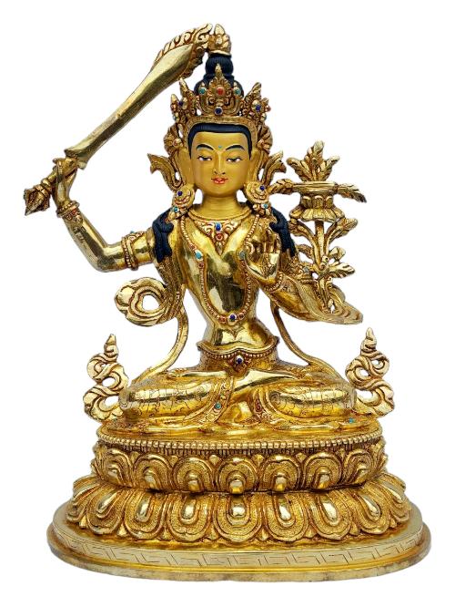 [manjushri], Buddhist Handmade Statue, [full Gold Plated], [painted Face]