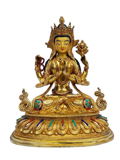 [chenrezig], Buddhist Handmade Statue, [full Gold Plated], [painted Face], [stone Setting]