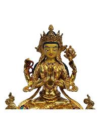 [chenrezig], Buddhist Handmade Statue, [full Gold Plated], [painted Face], [stone Setting]