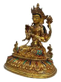 [chenrezig], Buddhist Handmade Statue, [full Gold Plated], [painted Face], [stone Setting]