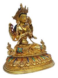 [chenrezig], Buddhist Handmade Statue, [full Gold Plated], [painted Face], [stone Setting]