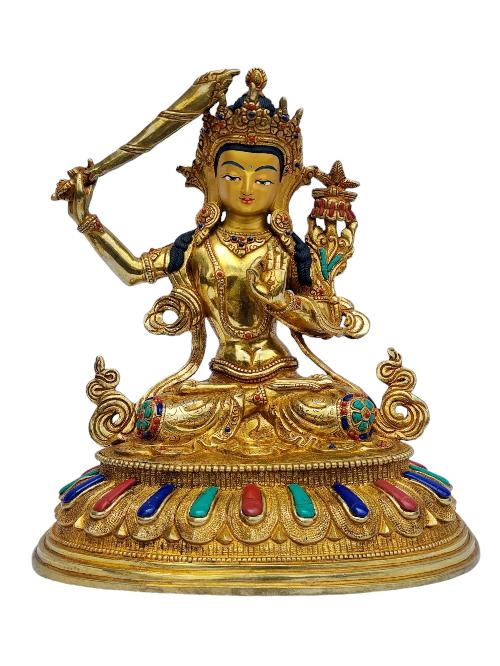 [manjushri], Buddhist Handmade Statue, [full Gold Plated], [painted Face], [stone Setting]