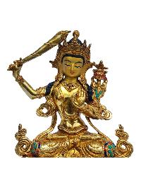 [manjushri], Buddhist Handmade Statue, [full Gold Plated], [painted Face], [stone Setting]