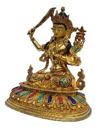 [manjushri], Buddhist Handmade Statue, [full Gold Plated], [painted Face], [stone Setting]