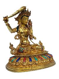 [manjushri], Buddhist Handmade Statue, [full Gold Plated], [painted Face], [stone Setting]