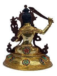 [manjushri], Buddhist Handmade Statue, [full Gold Plated], [painted Face], [stone Setting]