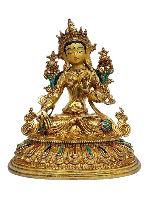 [white Tara], Buddhist Handmade Statue, [full Gold Plated], [painted Face], [stone Setting]