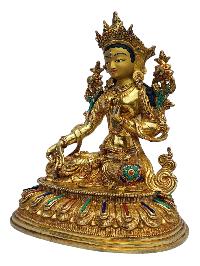 [white Tara], Buddhist Handmade Statue, [full Gold Plated], [painted Face], [stone Setting]