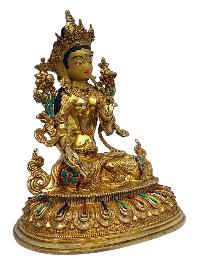 [white Tara], Buddhist Handmade Statue, [full Gold Plated], [painted Face], [stone Setting]