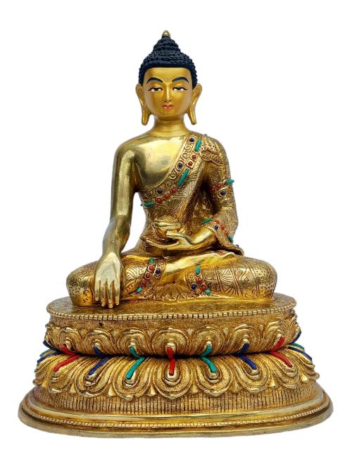 [shakyamuni Buddha], Buddhist Handmade Statue, [full Gold Plated], [painted Face], [stone Setting]