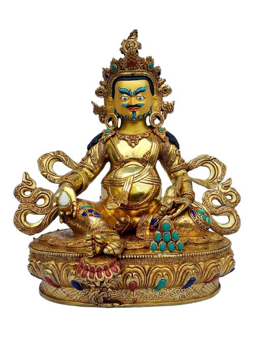 [yellow Jambhala], Buddhist Handmade Statue, [full Gold Plated], [painted Face], [stone Setting]