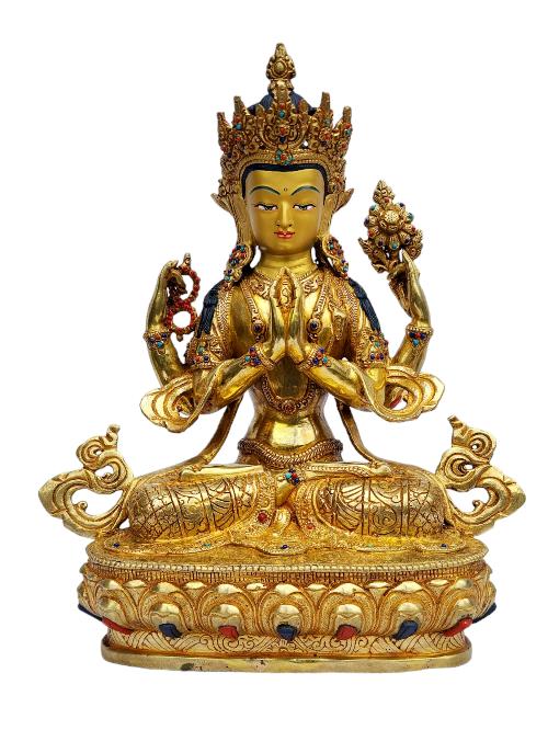 [chenrezig], Buddhist Handmade Statue, [full Gold Plated], [painted Face], [stone Setting]